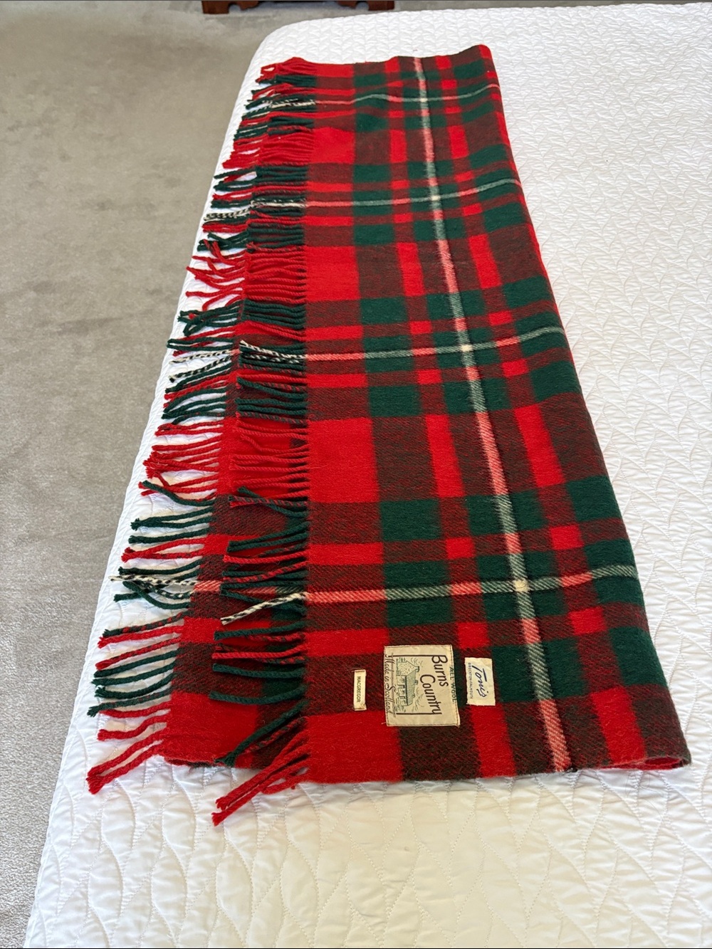 Vintage Burns Country Red and Green Plaid Wool Throw- made in Scotland